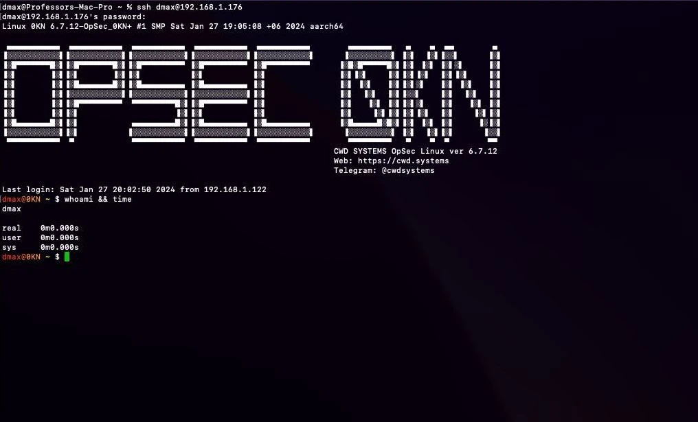 Figure 1: Screenshot showing device running ZKN's custom OpSec Linux Kernel